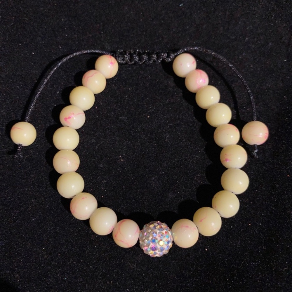 Macrame Acrylic Beaded Shambala Boho Bracelet Faux Pearl Disco Ball Rhinestones